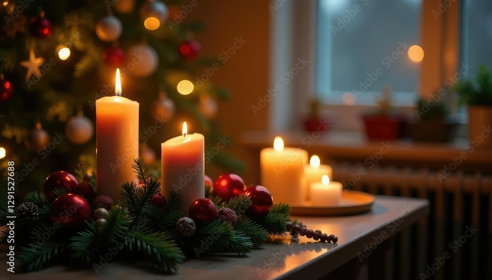 Warm candlelight illuminates festive greenery, Christmas tree, candles, fairy lights Warm candlelight illuminates festive greenery, Christmas tree, candles, fairy lights
