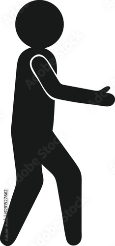 Simple black and white icon of a person walking with outstretched hand.