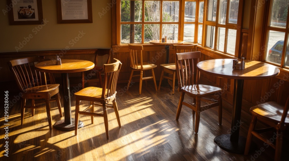sunlit wooden cafe interior with empty tables and chairs