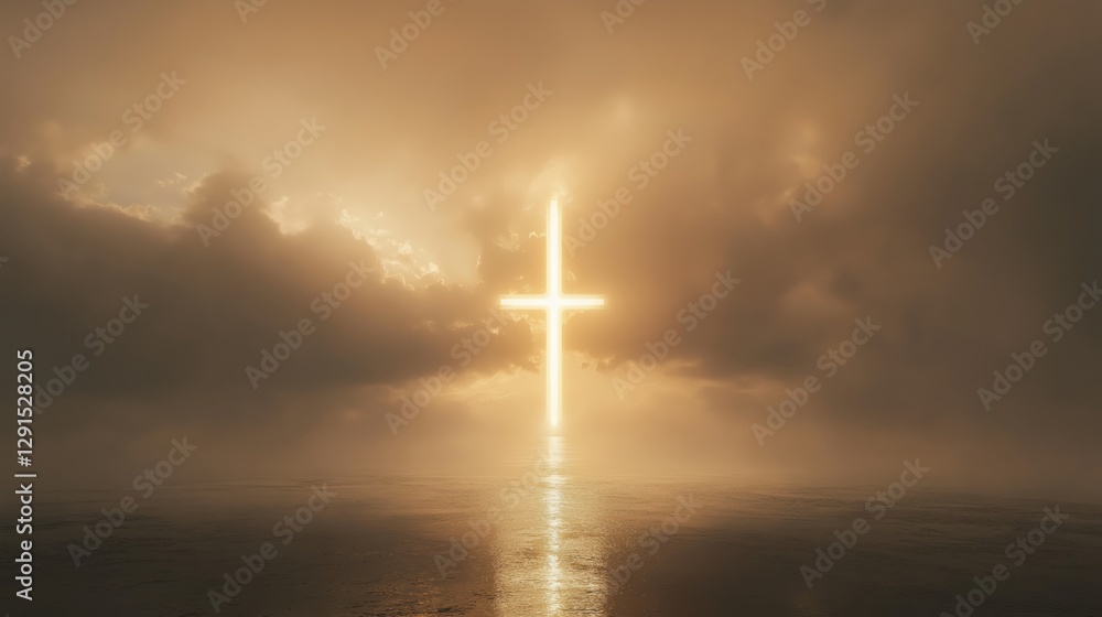 Naklejka premium Glowing Cross Over Water - Ash Wednesday Background