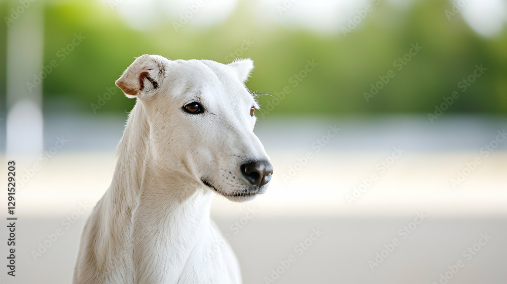 White dog portrait, outdoors, green background, pet White dog portrait, outdoors, green background, pet
