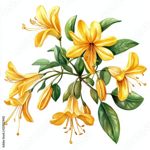 Bright yellow honeysuckle flowers with green leaves create vibrant floral arrangement, showcasing nature beauty and elegance. Perfect for botanical illustrations or floral designs