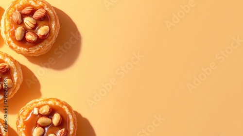 Golden pastries topped with nuts, set against warm orange backgr