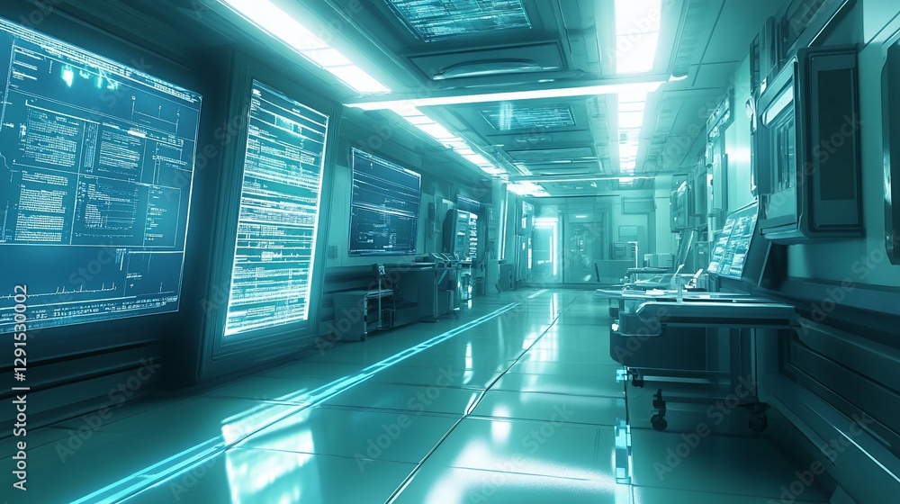 Futuristic Sci-Fi Corridor: Digital Screens & High-Tech Medical Equipment Futuristic Sci-Fi Corridor: Digital Screens & High-Tech Medical Equipment