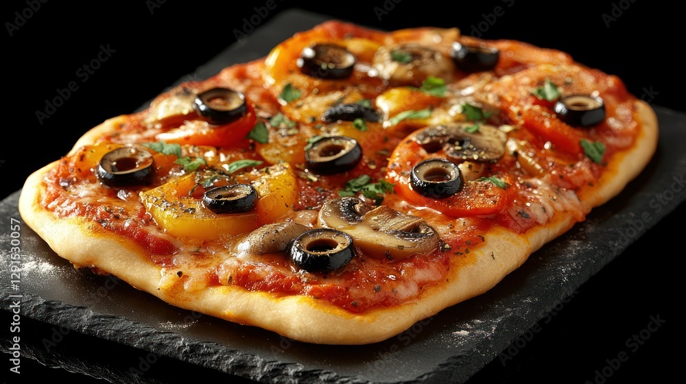 Gourmet pizza on slate, delicious toppings, black background