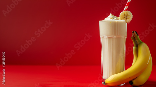 Banana Milkshake with Fresh Bananas on a Red Background