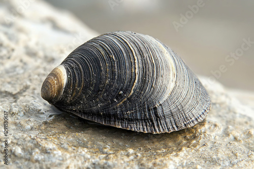 A close-up of a zebra mussel, detailed and natural, aquatic setting