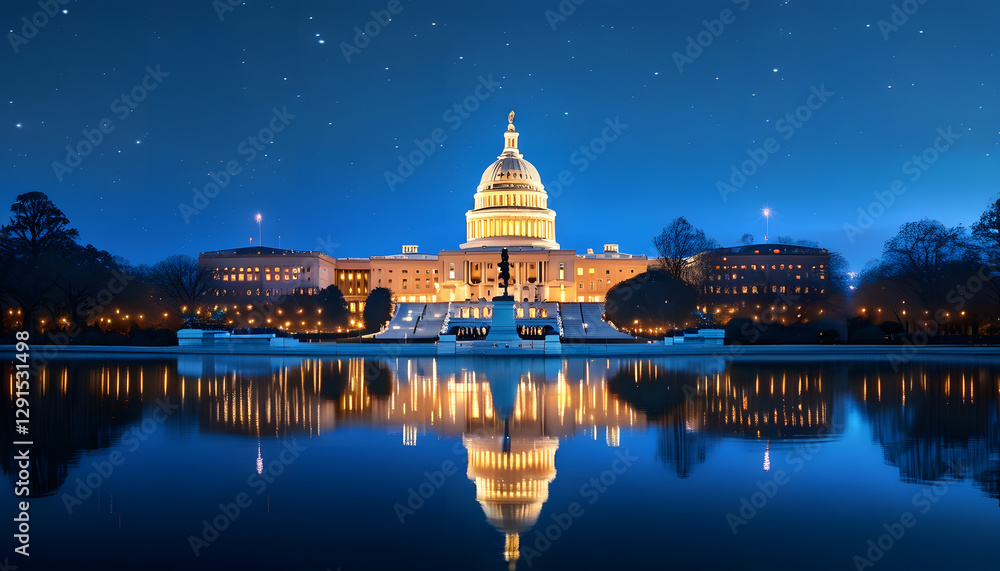 Obraz premium Majestic night view of the u.S. Capitol building washington d.C. Architectural photography calm waters panoramic perspective