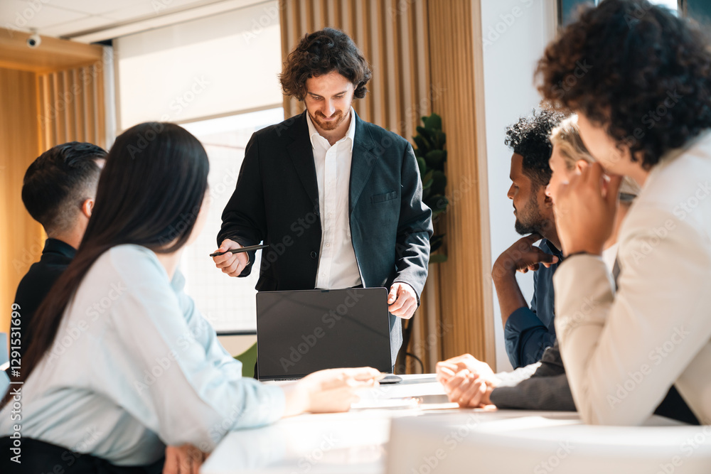 Fototapeta premium Successful Business Meeting, Professional Seminar with a Team of Businessmen and Businesswomen, Engaging in Productive Discussions, Presentations Strategic Planning to Enhance Corporate Communication