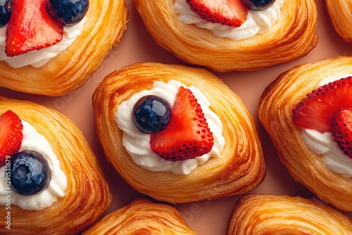Delightful pastries topped with fresh strawberries and blueberri