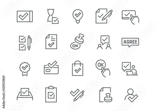 Editable vector icon set in linear style for approval and verification. Includes checkmarks, documents, certificates, cards, communication, and agreement buttons. Icons are versatile and ready for use