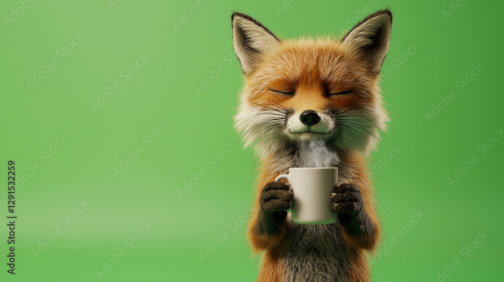 Obraz premium Fox enjoying warm beverage. Symbolizing comfort and relaxation. Perfect for depicting cozy mornings, self-care routines, and animal themed concepts.