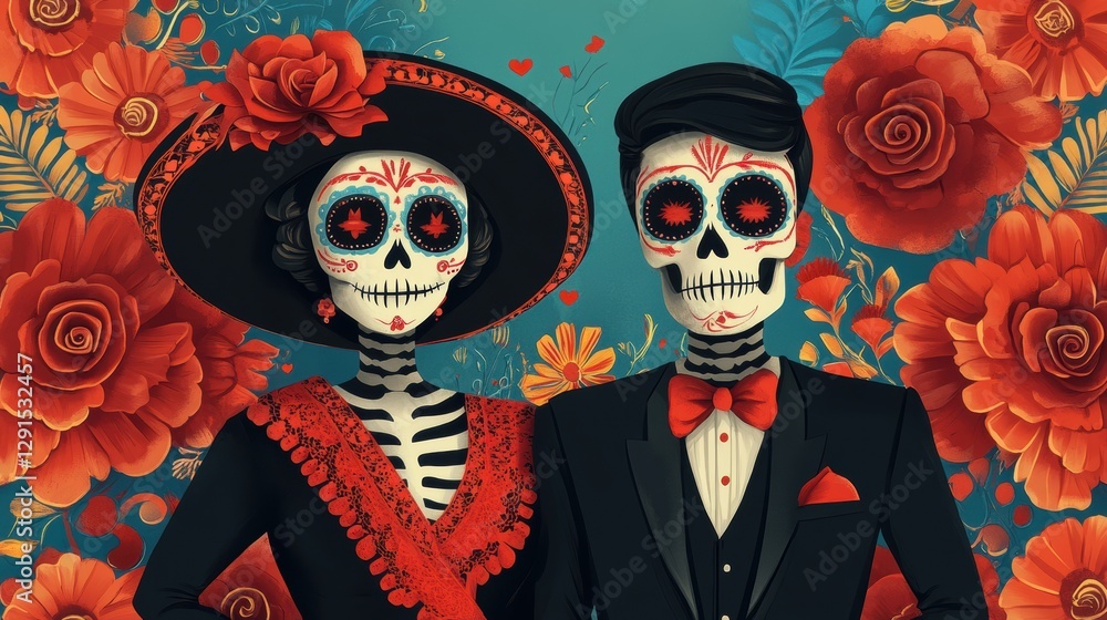 Elegant Couple in Traditional Day of the Dead Attire Surrounded by Colorful Floral Patterns and Festive Elements Elegant Couple in Traditional Day of the Dead Attire Surrounded by Colorful Floral Patterns and Festive Elements