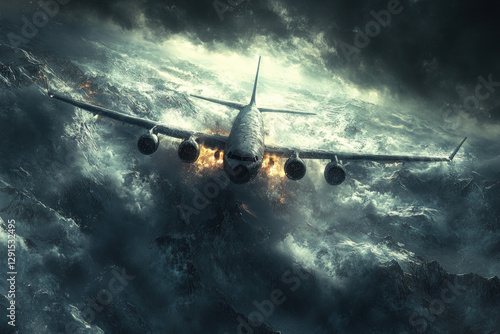 A plane flying over icy ter...