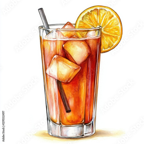 refreshing Long Island iced tea with ice cubes and slice of orange, served in tall glass. This vibrant drink is perfect for summer gatherings and celebrations