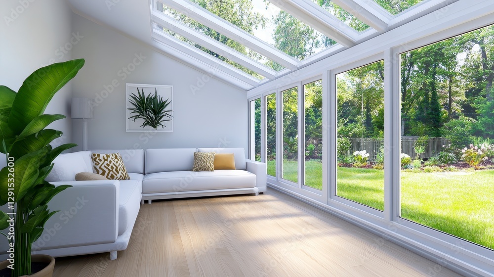 Modern Sunlit Living Space with Glass Windows and Greenery View Modern Sunlit Living Space with Glass Windows and Greenery View