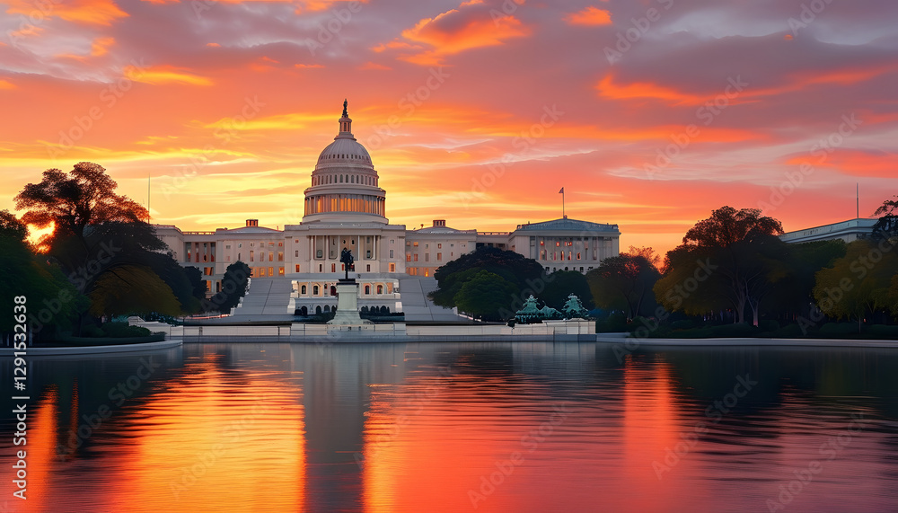 Obraz premium Sunset reflections over the u.S. Capitol washington d.C. Landscape photography evening serenity aesthetic view iconic landmark