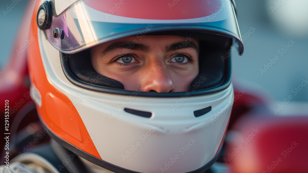 Close-Up of Race Car Driver in Helmet with Focused Expression at Racing Circuit on a Sunny Day Capturing Passion and Precision of Motorsport Close-Up of Race Car Driver in Helmet with Focused Expression at Racing Circuit on a Sunny Day Capturing Passion and Precision of Motorsport