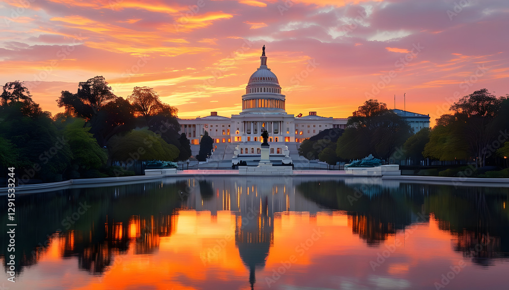 Obraz premium Sunset reflection of the u.S. Capitol building washington d.C. Landscape photography tranquil water scenic view historical architecture