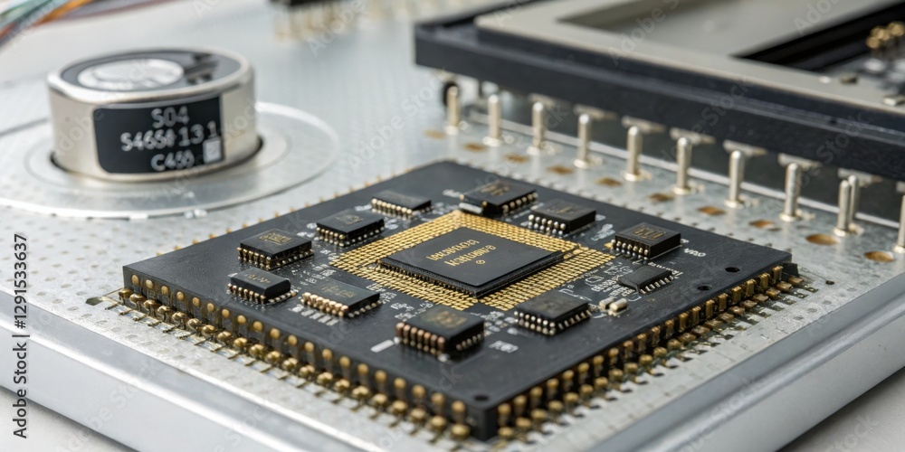 High-tech circuit board featuring a sophisticated microprocessor ready for assembly in a modern electronics lab High-tech circuit board featuring a sophisticated microprocessor ready for assembly in a modern electronics lab