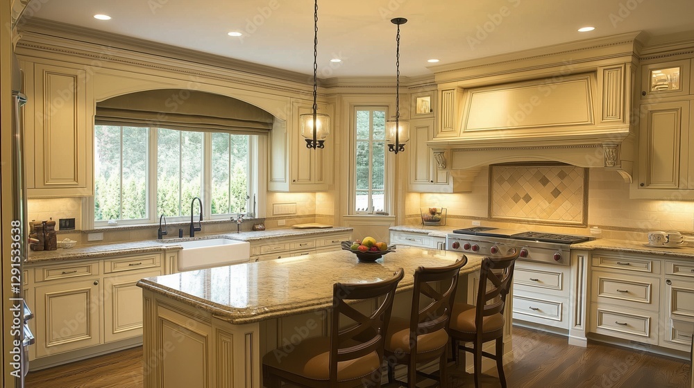 A kitchen with a large island and a sink. The island has a bowl of fruit on it A kitchen with a large island and a sink. The island has a bowl of fruit on it