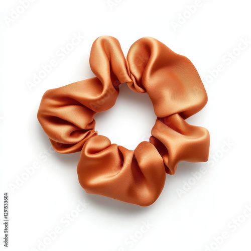 Luxurious silk scrunchie in soft fabric, featuring elegant folds and warm orange hue, perfect for stylish hair accessories