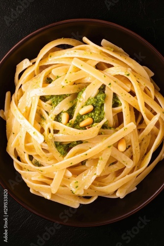 Creamy pasta dish topped with vibrant green pesto and toasted pi