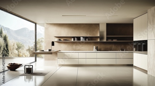 Wallpaper Mural A kitchen with a window overlooking a mountain. The kitchen is very clean and has a modern design Torontodigital.ca