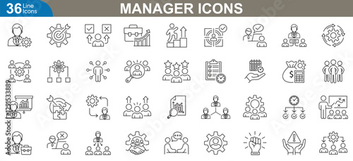 Manager icons set. Vector illustrations representing leadership, business management, corporate strategy, team coordination, project planning, decision Making, performance Analysis and more.