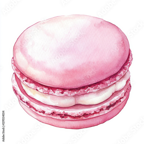 Delightful pink macaron pastry with creamy filling, perfect for dessert lovers. This watercolor illustration captures sweet essence of this popular treat