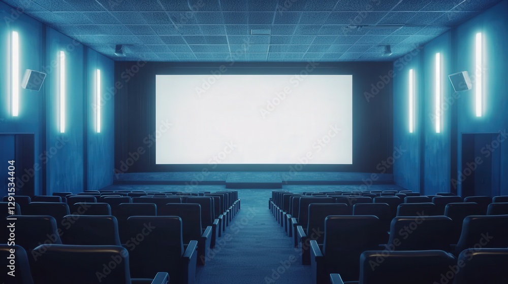 Obraz premium Empty movie theater with a bright screen and rows of seats, suggesting anticipation and entertainment. Ideal for cinema, event planning, and screenwriting concepts.
