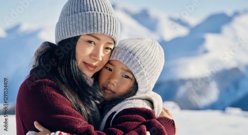 Asian mother and child embracing in winter clothing in snowy mountain landscape photo