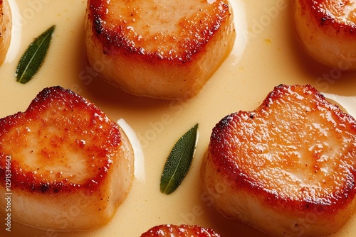 Golden seared scallops arranged artfully on creamy sauce with fr