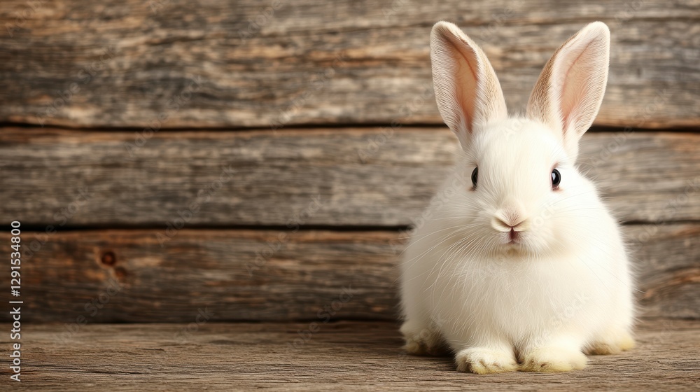 Fototapeta premium Fluffy white rabbit, wooden backdrop, soft light, serene atmosphere.