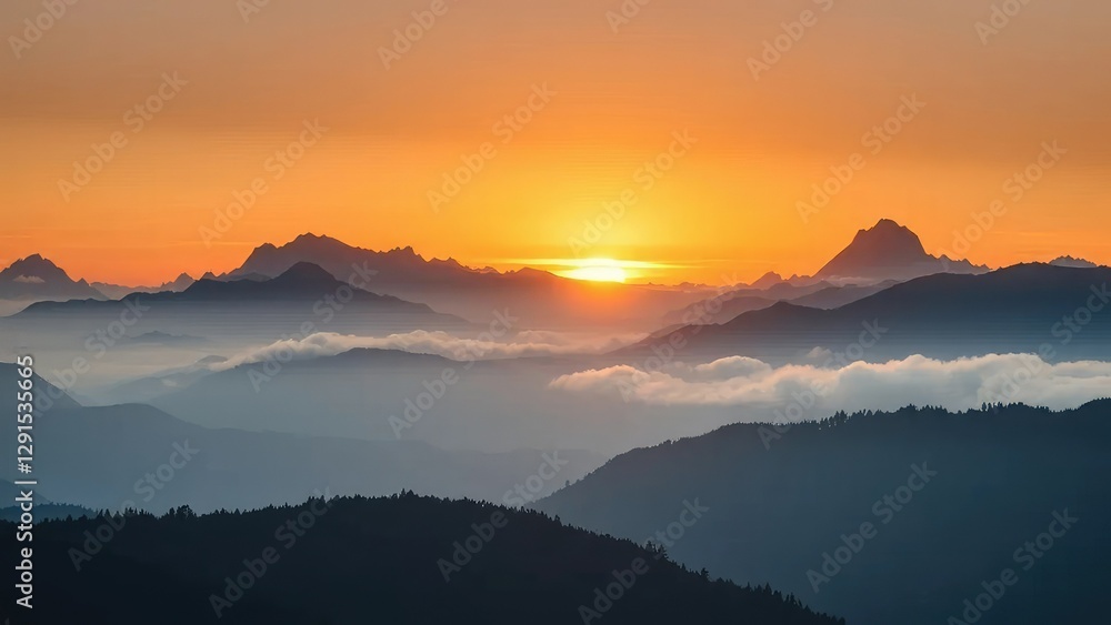 A majestic mountain range at sunrise with mist and fog rolling in, landscape, morning light, scenery A majestic mountain range at sunrise with mist and fog rolling in, landscape, morning light, scenery