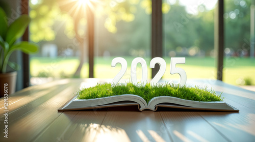 numbers 2025 in green grass on open book