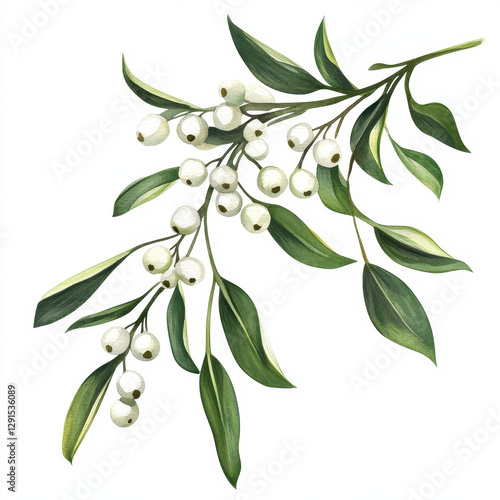 hand painted mistletoe branch featuring white berries and green leaves, perfect for holiday decor and seasonal themes. This artwork captures essence of winter festivities