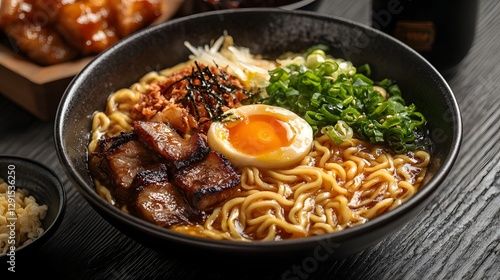 Ramen Delight: A mouthwatering bowl of ramen noodles, artfully arranged with flavorful toppings, in a close-up shot to entice the viewer's taste buds.