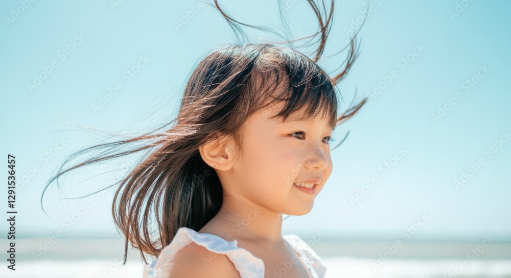 Young asian child smiling at the beach with wind in hair under clear sky Young asian child smiling at the beach with wind in hair under clear sky