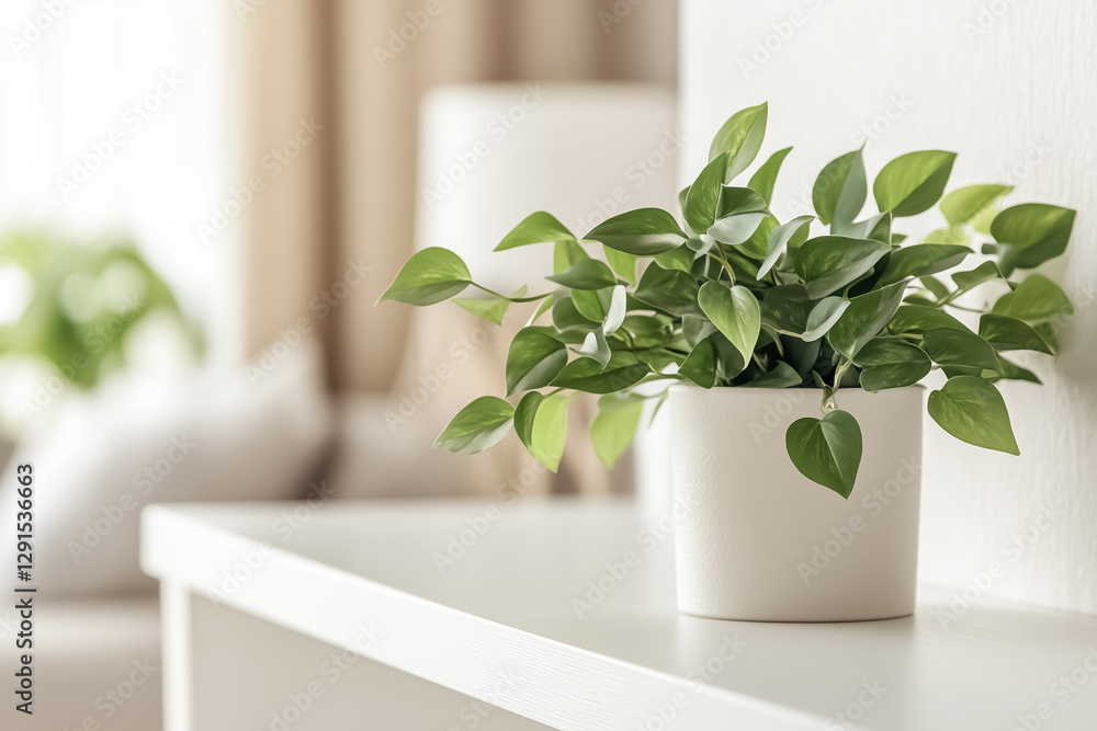 A minimalist workspace with a trailing pothos plant on the edge of a white desk, blending with the clean design