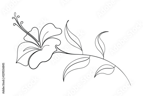 Elegant Line Art Drawing of a Hibiscus Flower and Leaves