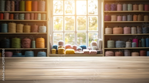 Empty wooden table illuminating a craft room with colorful yarn spools