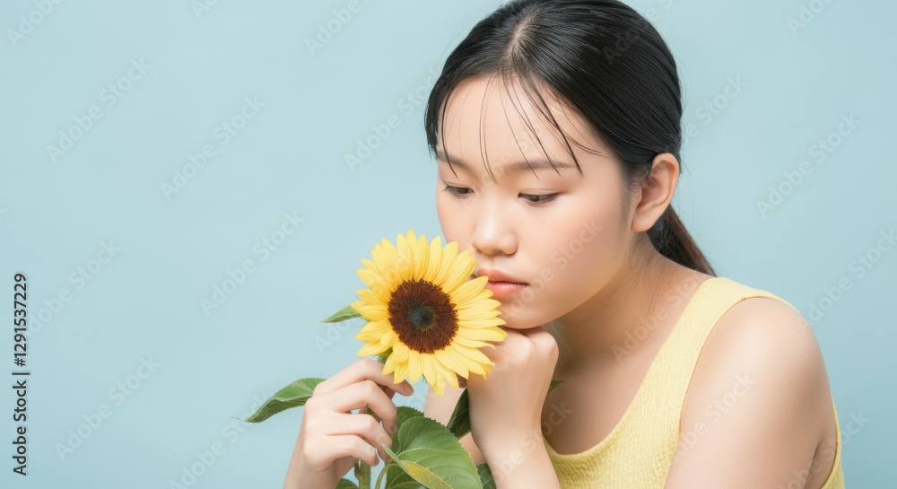 Young asian female with sunflower against blue background Young asian female with sunflower against blue background