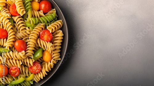 Colorful pasta dish featuring vibrant vegetables arranged artful