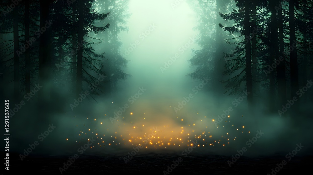 Fototapeta premium Enchanted fantasy forest scene with glowing fireflies mysterious fog and captivating natural lighting A mystical and dreamy landscape that evokes a sense of wonder and magic