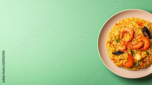Vibrant seafood dish featuring shrimp and mussels garnished with