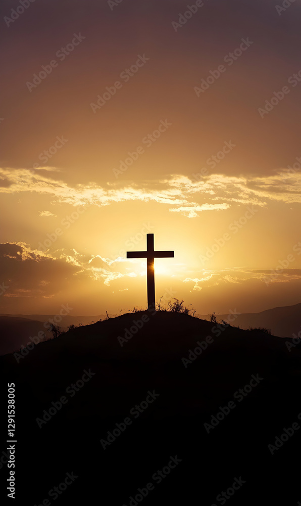 Silhouette of a cross on a hill at sunset symbolizing faith, religion and spirituality Silhouette of a cross on a hill at sunset symbolizing faith, religion and spirituality