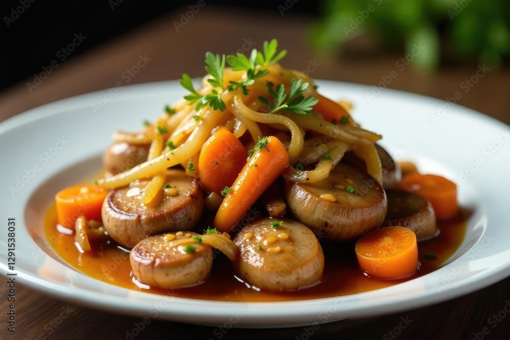 Caramelized onions and carrots atop oyster mushrooms, savory, cooking Caramelized onions and carrots atop oyster mushrooms, savory, cooking