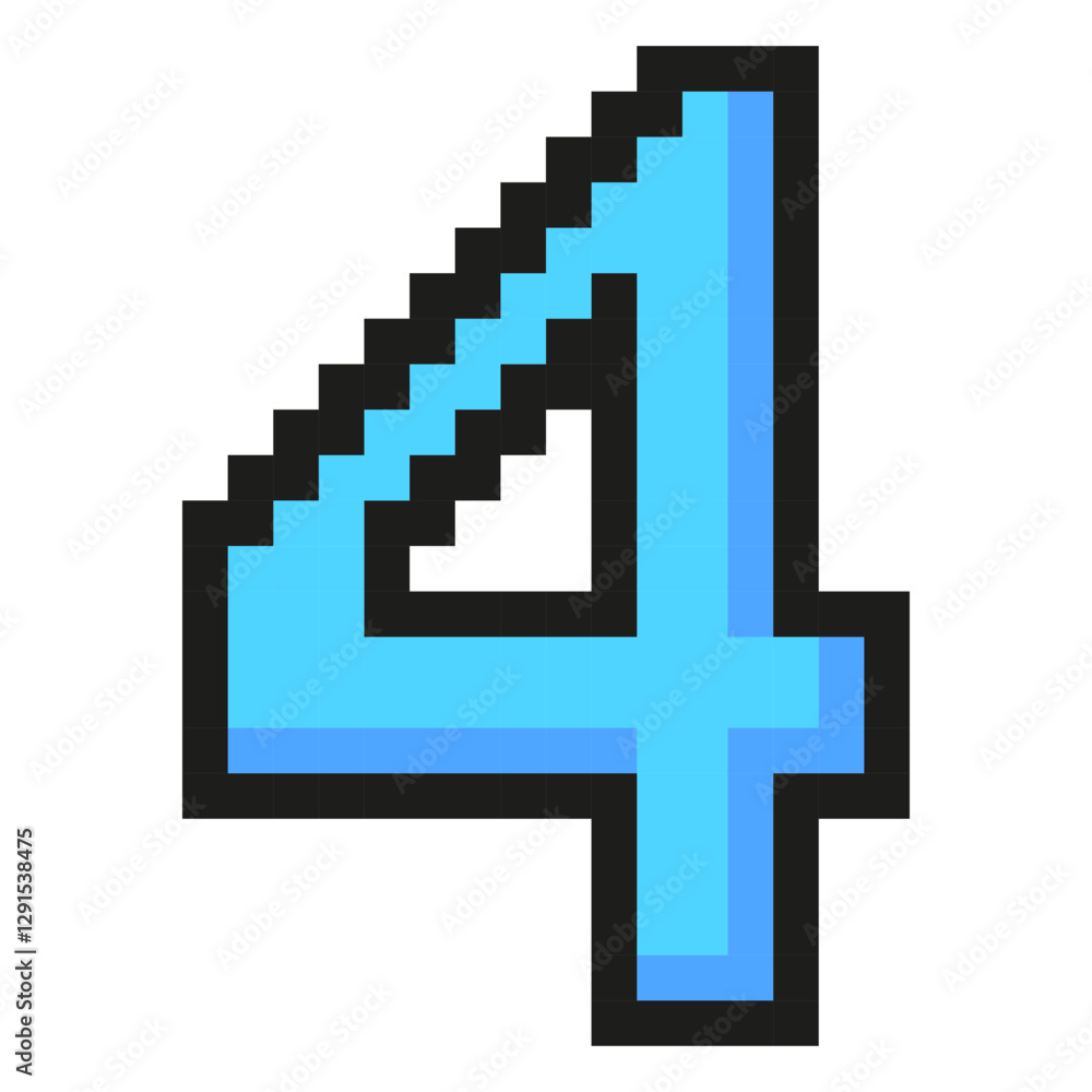 Fototapeta premium Blue number four pixel art symbol isolated on a white background. Vector 8 bit illustration.