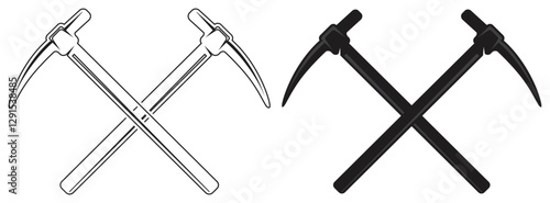 Crossed Pickaxes Black and White Vector Design. Isolated On Transparent Background.